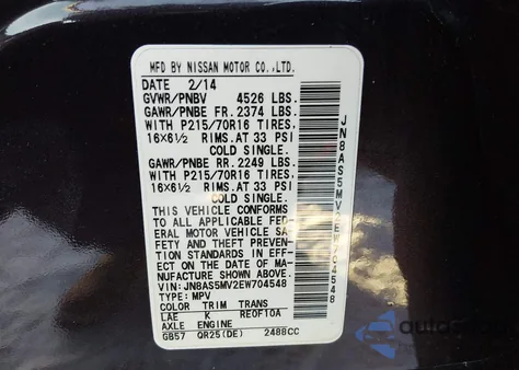 2014 Nissan Rogue Select S from USA, damaged, VIN JN8AS5MV2EW704548